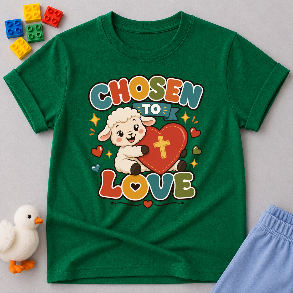 Chosen to Love Christian kids shirt in green featuring a smiling lamb hugging a heart
