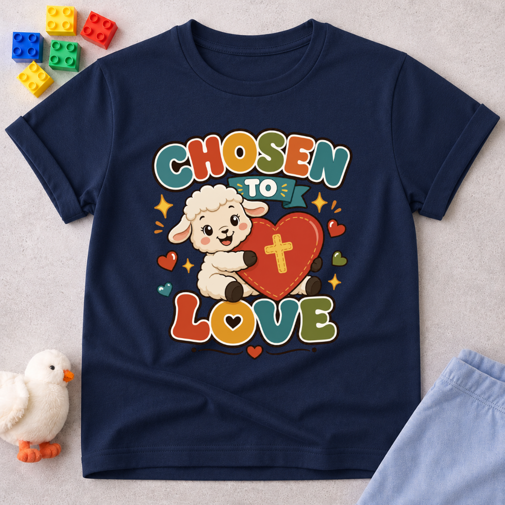 Chosen to Love Christian kids shirt in navy featuring a smiling lamb hugging a heart
