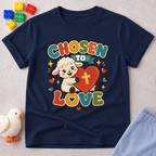 Chosen to Love Christian kids shirt in navy featuring a smiling lamb hugging a heart
