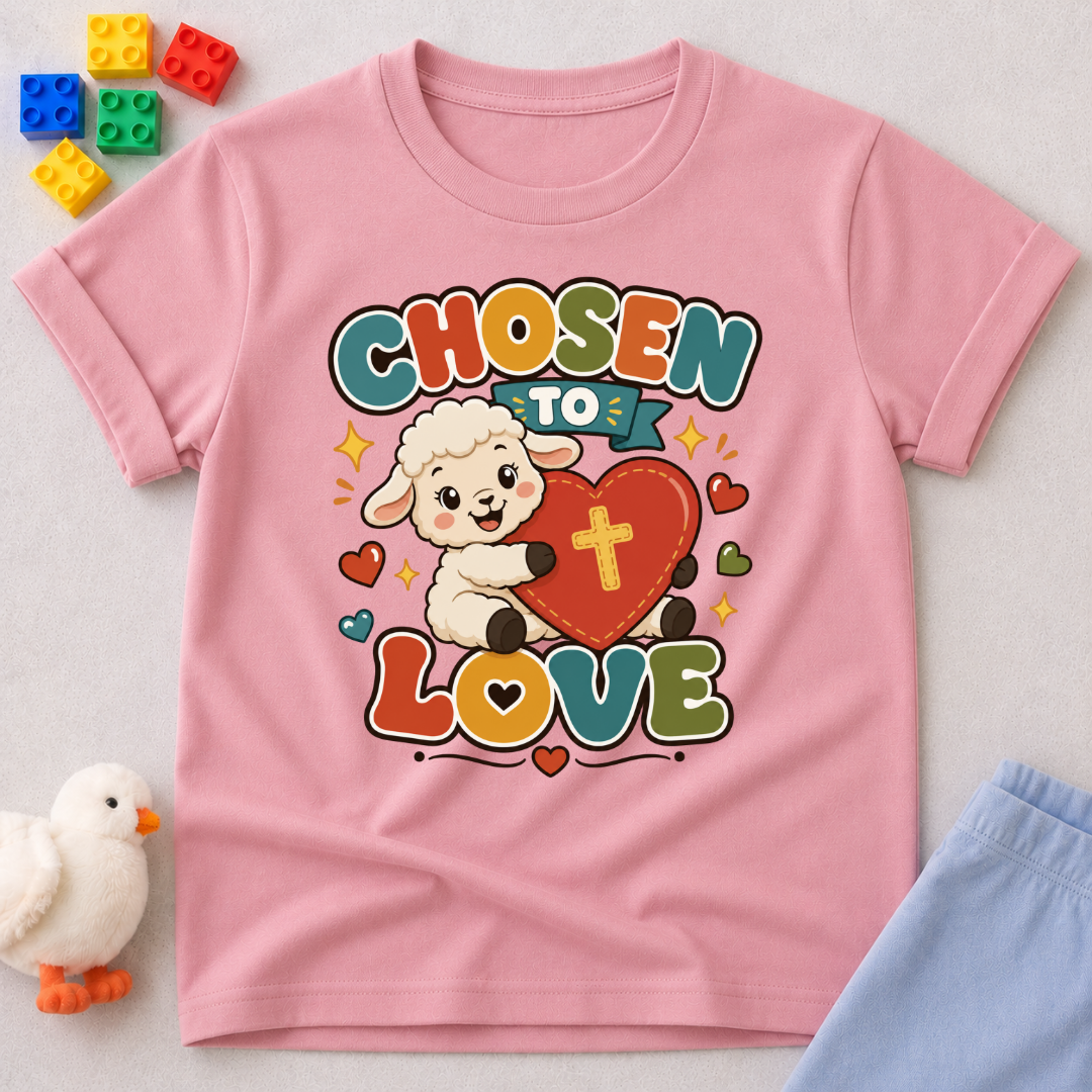 Chosen to Love Christian kids shirt in pink featuring a smiling lamb hugging a heart
