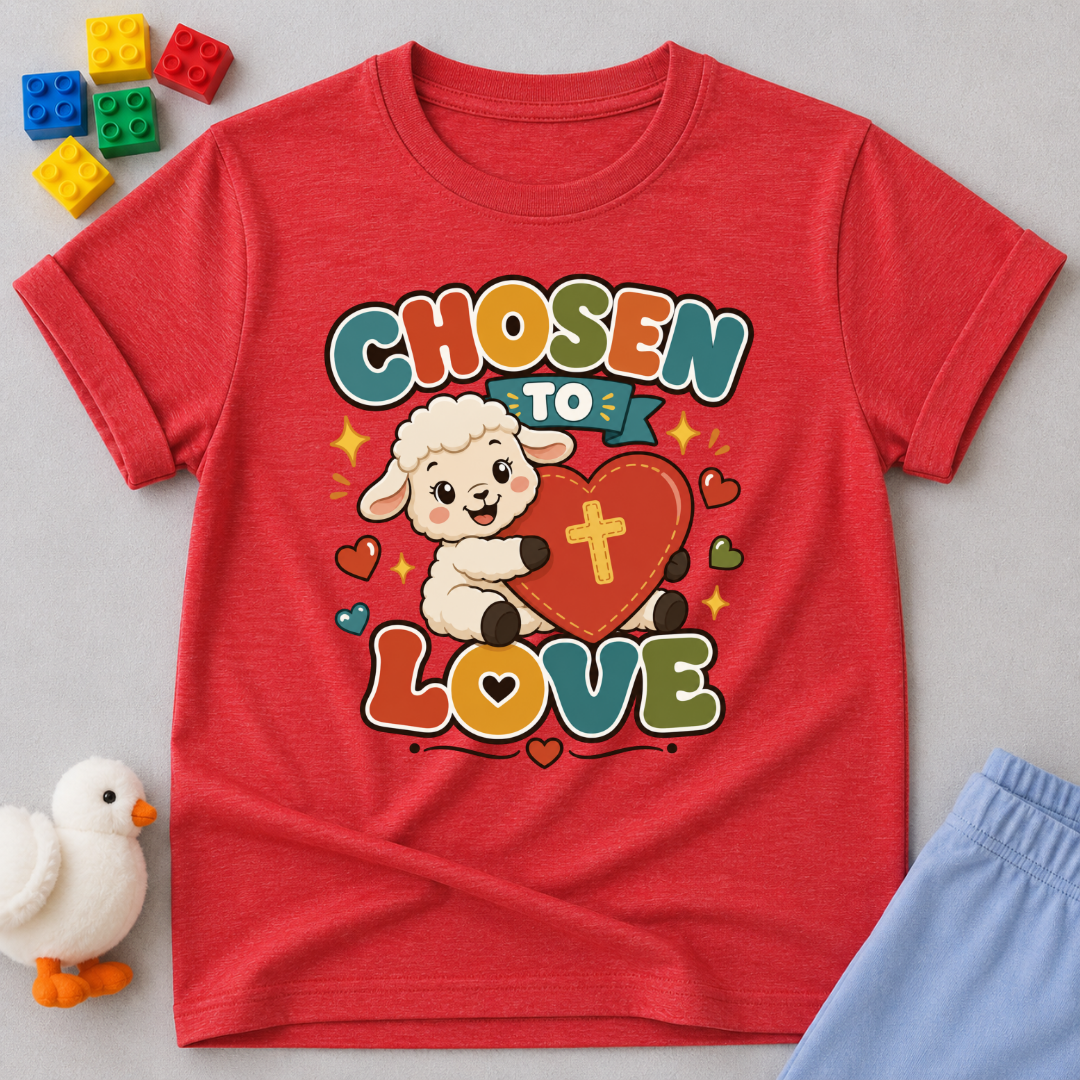 Chosen to Love Christian kids shirt in red featuring a smiling lamb hugging a heart
