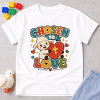 Chosen to Love Christian kids shirt in white featuring a smiling lamb hugging a heart
