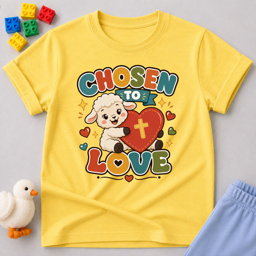 Chosen to Love Christian kids shirt in yellow featuring a smiling lamb hugging a heart
