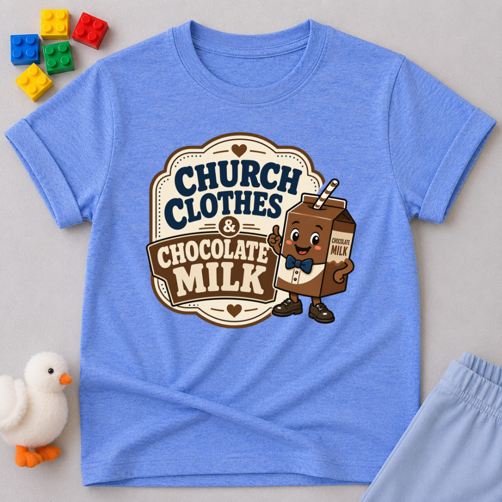 Church Clothes and Chocolate Milk Christian kids shirt in blue featuring a smiling chocolate milk carton
