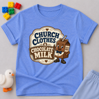 Church Clothes and Chocolate Milk Christian kids shirt in blue featuring a smiling chocolate milk carton
