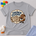 Church Clothes and Chocolate Milk Christian kids shirt in gray featuring a smiling chocolate milk carton
