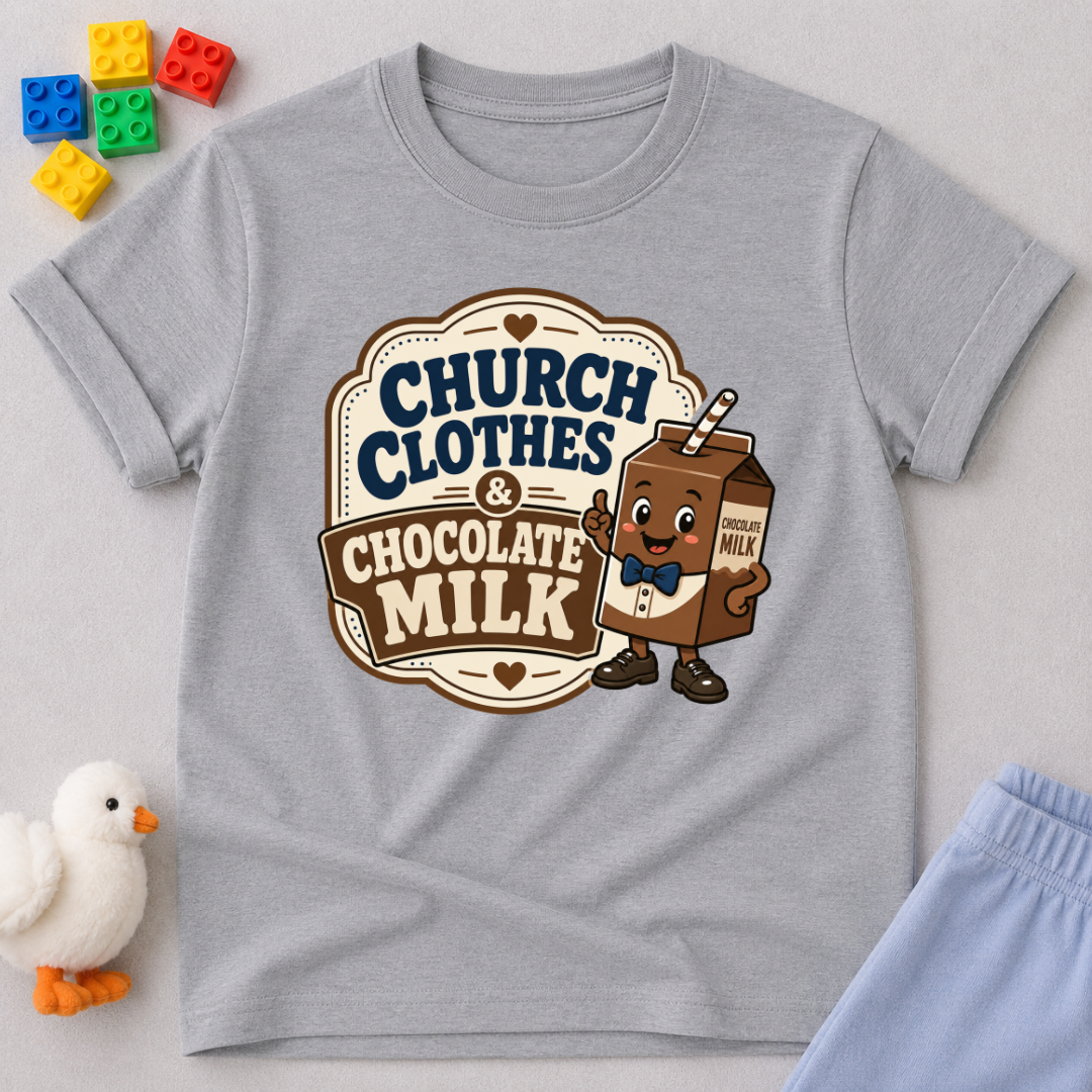 Church Clothes and Chocolate Milk Christian kids shirt in gray featuring a smiling chocolate milk carton
