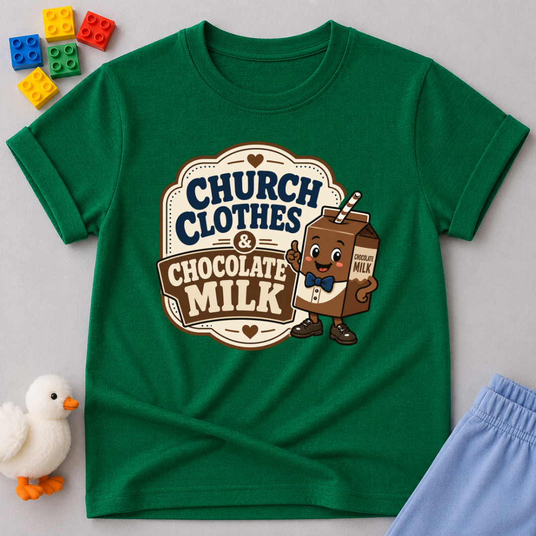 Church Clothes and Chocolate Milk Christian kids shirt in green featuring a smiling chocolate milk carton
