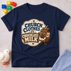 Church Clothes and Chocolate Milk Christian kids shirt in navy featuring a smiling chocolate milk carton
