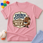 Church Clothes and Chocolate Milk Christian kids shirt in pink featuring a smiling chocolate milk carton
