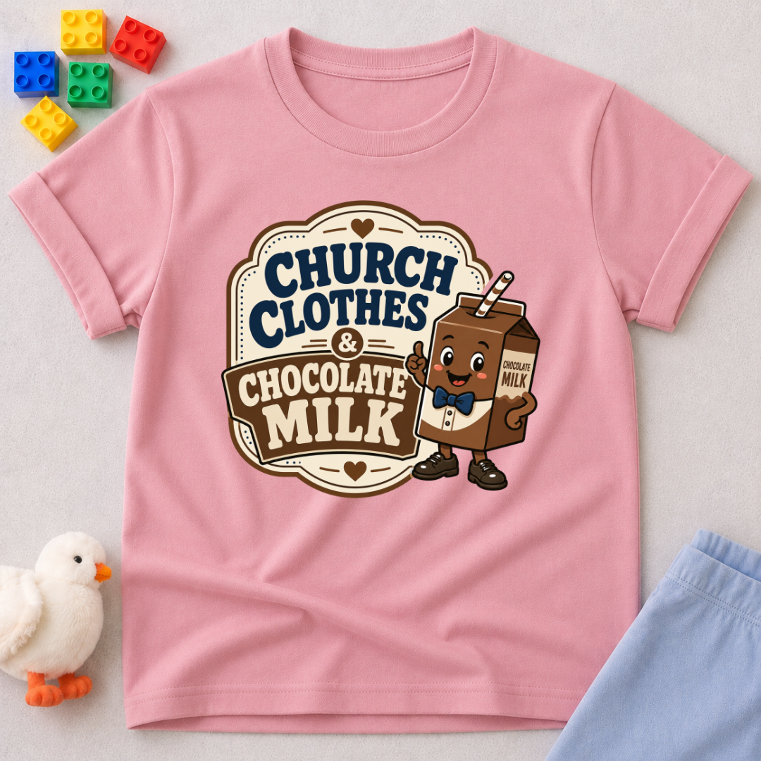 Church Clothes and Chocolate Milk Christian kids shirt in pink featuring a smiling chocolate milk carton
