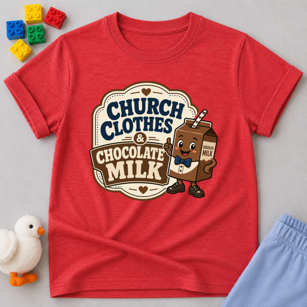 Church Clothes and Chocolate Milk Christian kids shirt in red featuring a smiling chocolate milk carton
