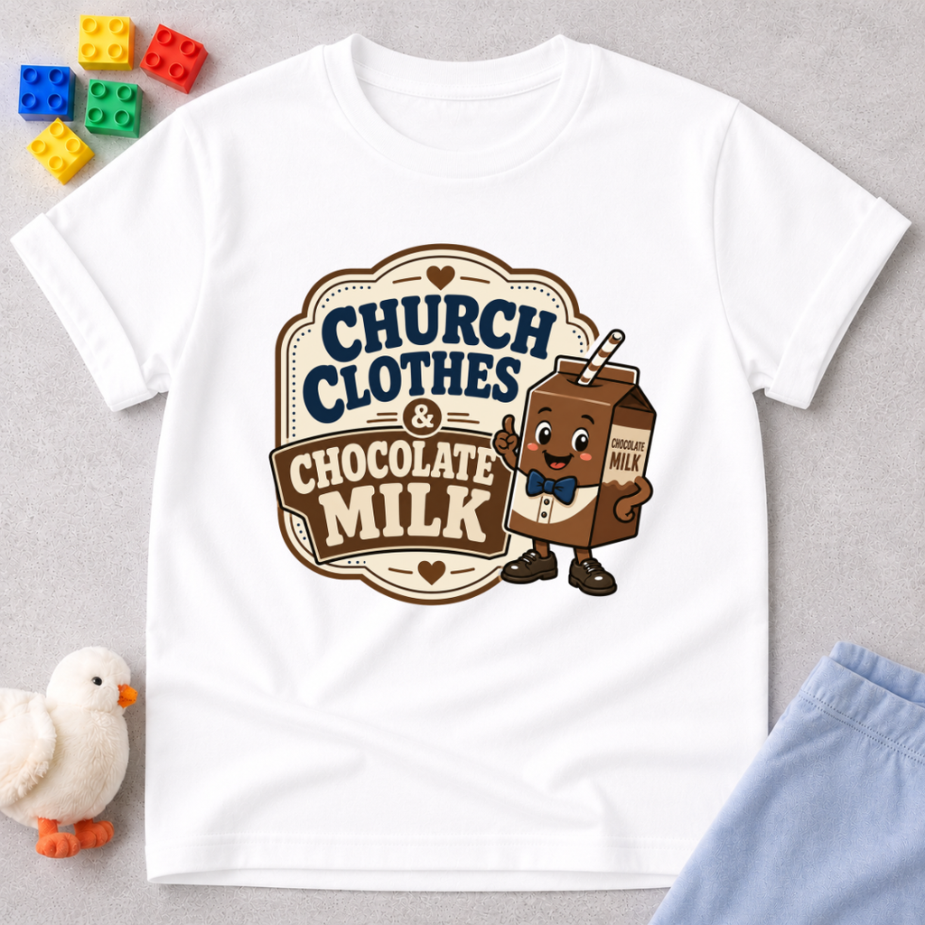 Church Clothes and Chocolate Milk Christian kids shirt in white featuring a smiling chocolate milk carton
