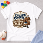 Church Clothes and Chocolate Milk Christian kids shirt in white featuring a smiling chocolate milk carton
