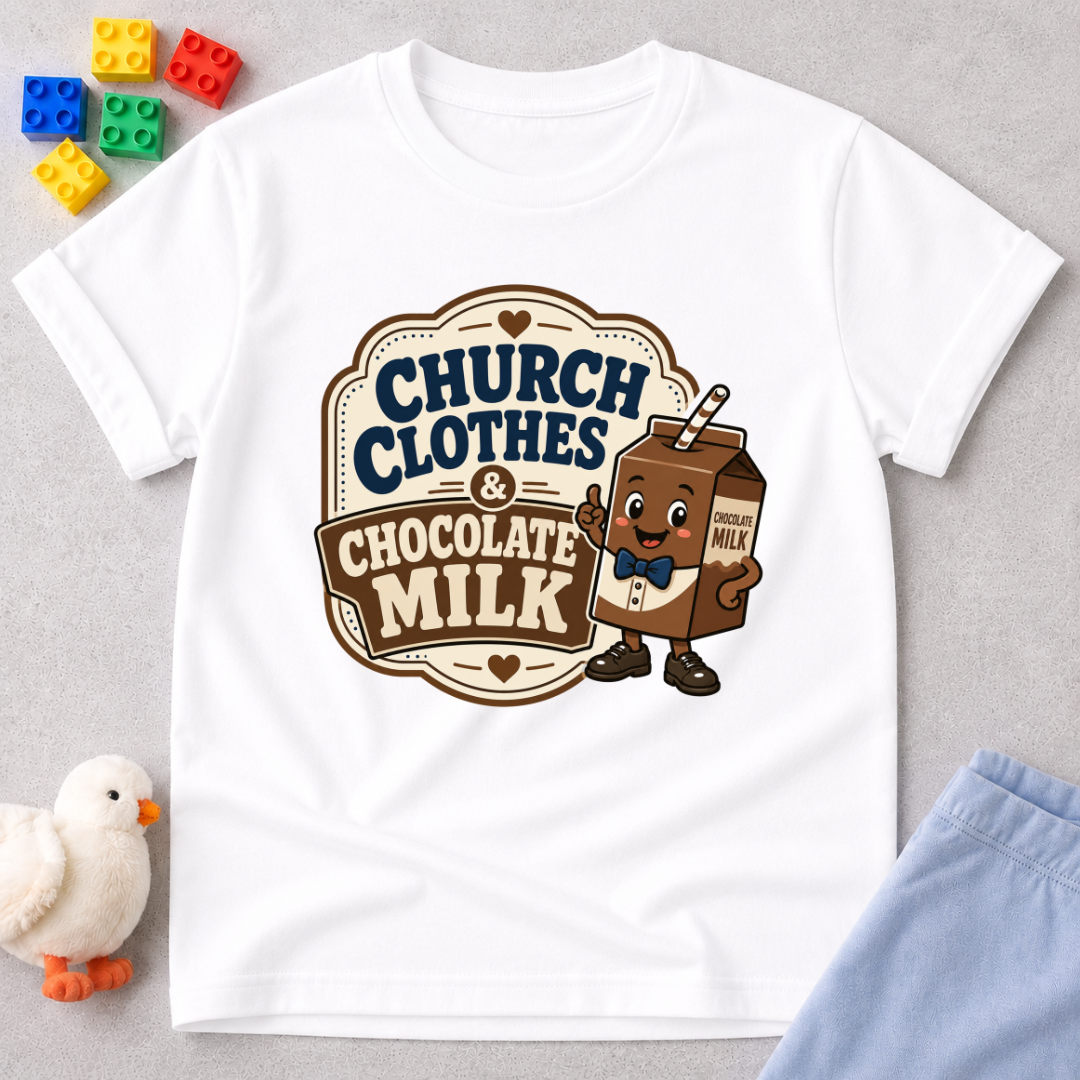 Church Clothes and Chocolate Milk Christian kids shirt in white featuring a smiling chocolate milk carton
