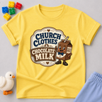Church Clothes and Chocolate Milk Christian kids shirt in yellow featuring a smiling chocolate milk carton
