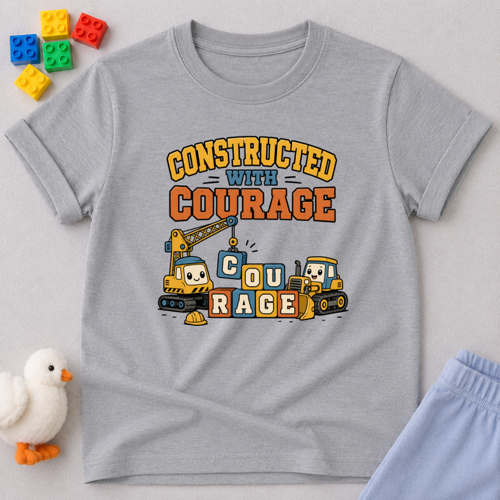 Courage Builder Construction Shirt Christian kids shirt in gray featuring construction vehicles and a courage-inspired faith design

