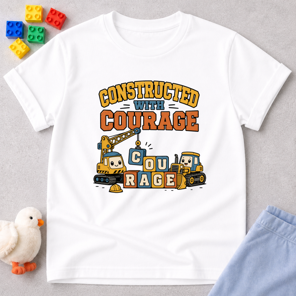 Courage Builder Construction Shirt Christian kids shirt in white featuring construction vehicles and a courage-inspired faith design
