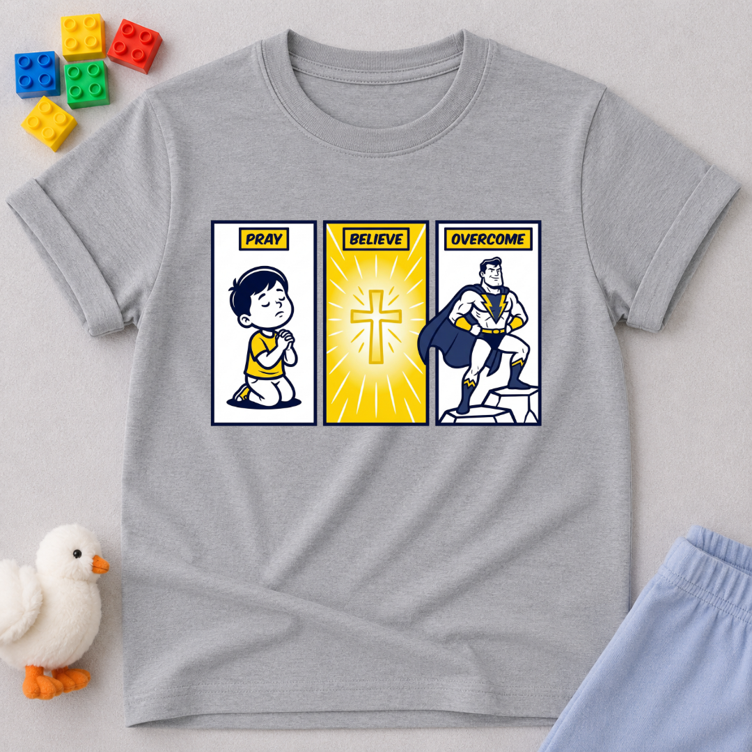 Courage Through Christ Christian kids shirt in Gray featuring prayer believe overcome Christian character design