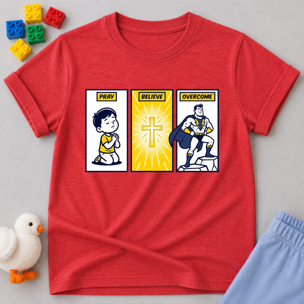 Courage Through Christ Christian kids shirt in Red featuring prayer believe overcome Christian character design