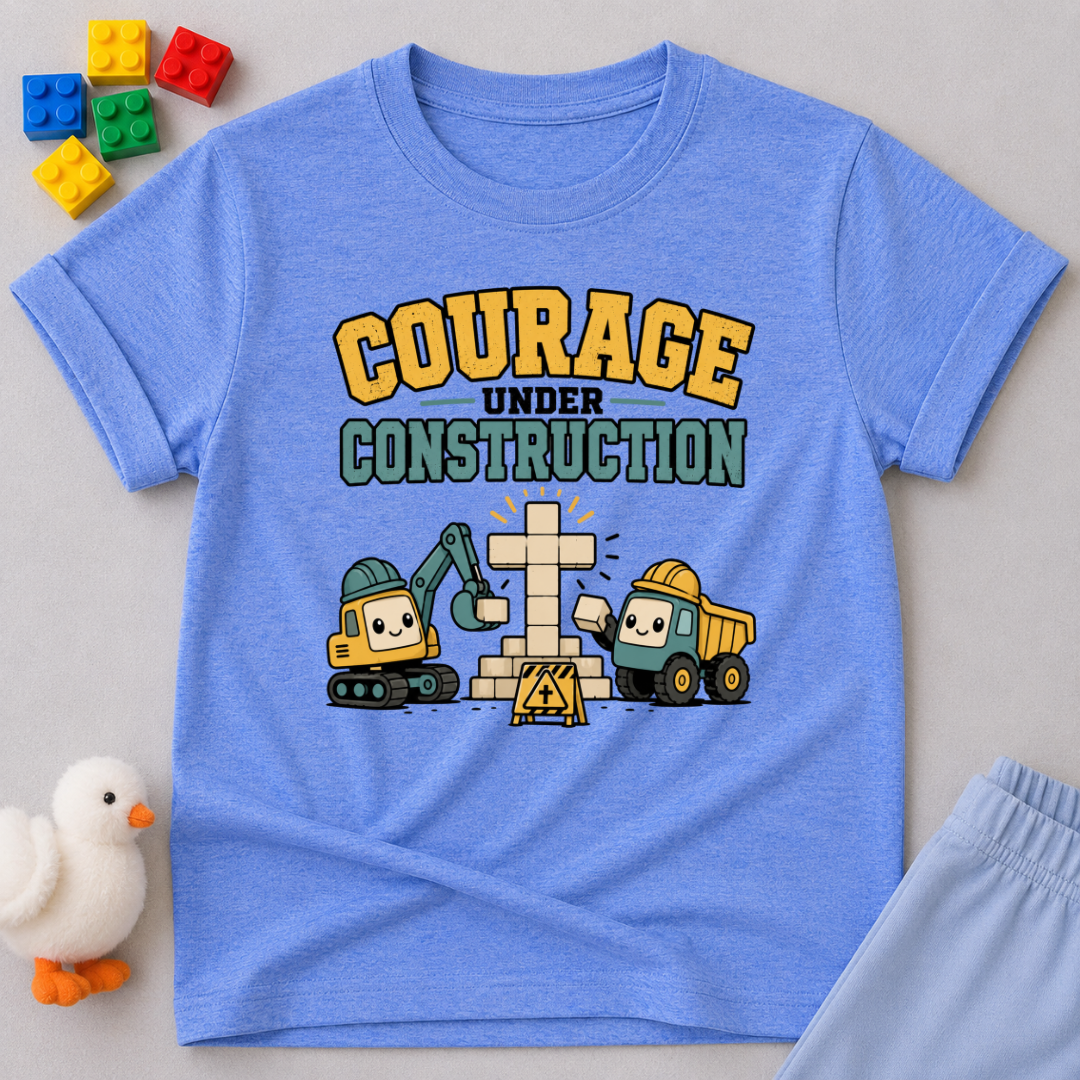 Courage Under Construction Shirt Christian kids shirt in blue featuring construction vehicles and a courage-themed faith design
