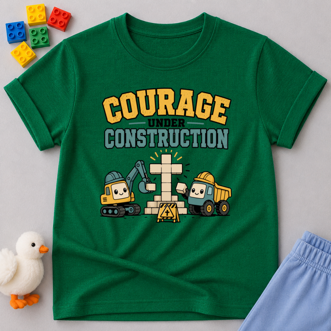 Courage Under Construction Shirt Christian kids shirt in green featuring construction vehicles and a courage-themed faith design
