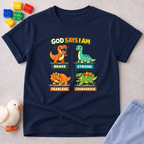 Courageous Dino Character Squad Christian kids shirt in Navy featuring dinosaurs with bravery and courage affirmations