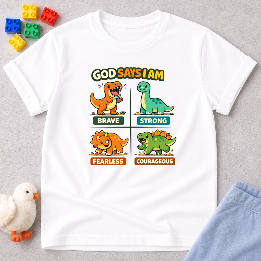 Courageous Dino Character Squad Christian kids shirt in White featuring dinosaurs with bravery and courage affirmations