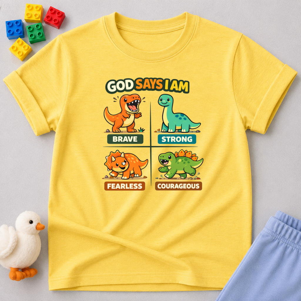 Courageous Dino Character Squad Christian kids shirt in Yellow featuring dinosaurs with bravery and courage affirmations