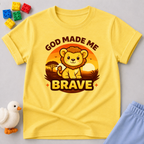 Courageous Lion Cub Faith Christian kids shirt in Yellow featuring a lion cub and brave faith-inspired design