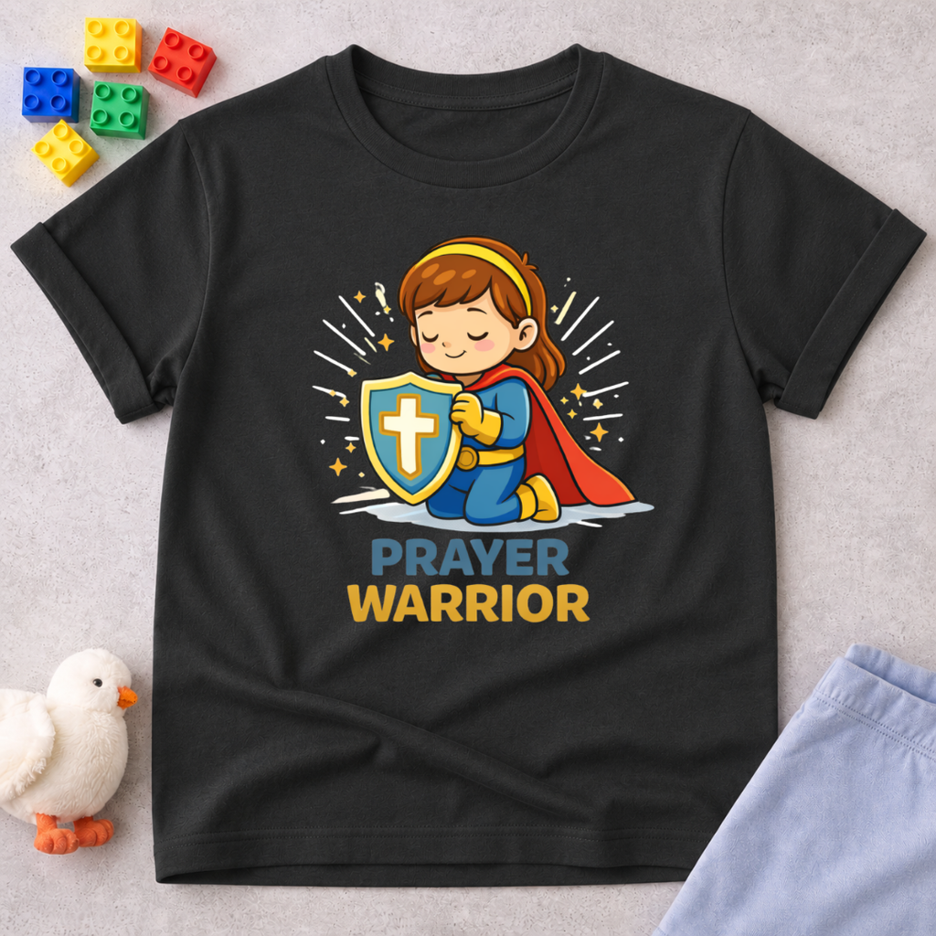 Courageous Prayer Princess Christian kids shirt in Black featuring a young girl prayer warrior character
