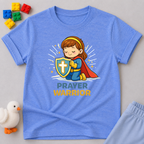 Courageous Prayer Princess Christian kids shirt in Blue featuring a young girl prayer warrior character
