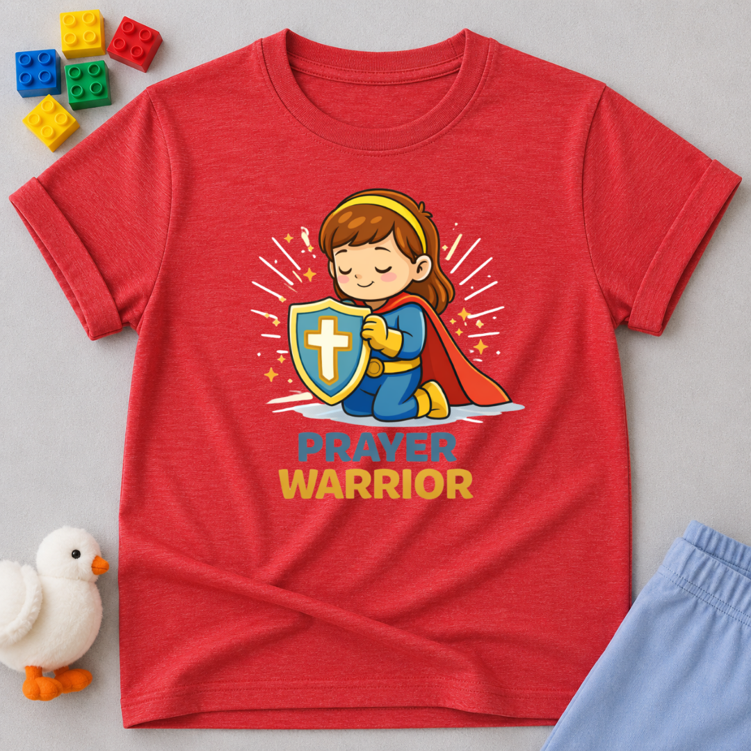Courageous Prayer Princess Christian kids shirt in Red featuring a young girl prayer warrior character