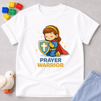 Courageous Prayer Princess Christian kids shirt in White featuring a young girl prayer warrior character