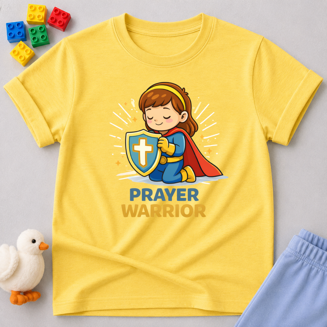 Courageous Prayer Princess Christian kids shirt in Yellow featuring a young girl prayer warrior character