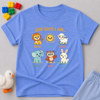 Created Kind Wise And Joyful Christian kids shirt in Blue featuring cute animals and faith-based character affirmations