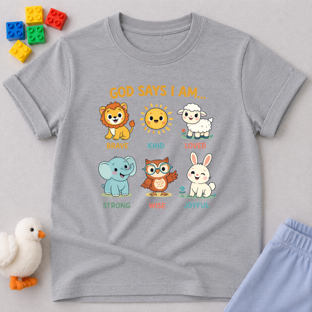 Created Kind Wise And Joyful Christian kids shirt in Gray featuring cute animals and faith-based character affirmations