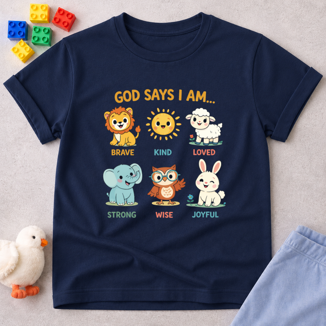 Created Kind Wise And Joyful Christian kids shirt in Navy featuring cute animals and faith-based character affirmations