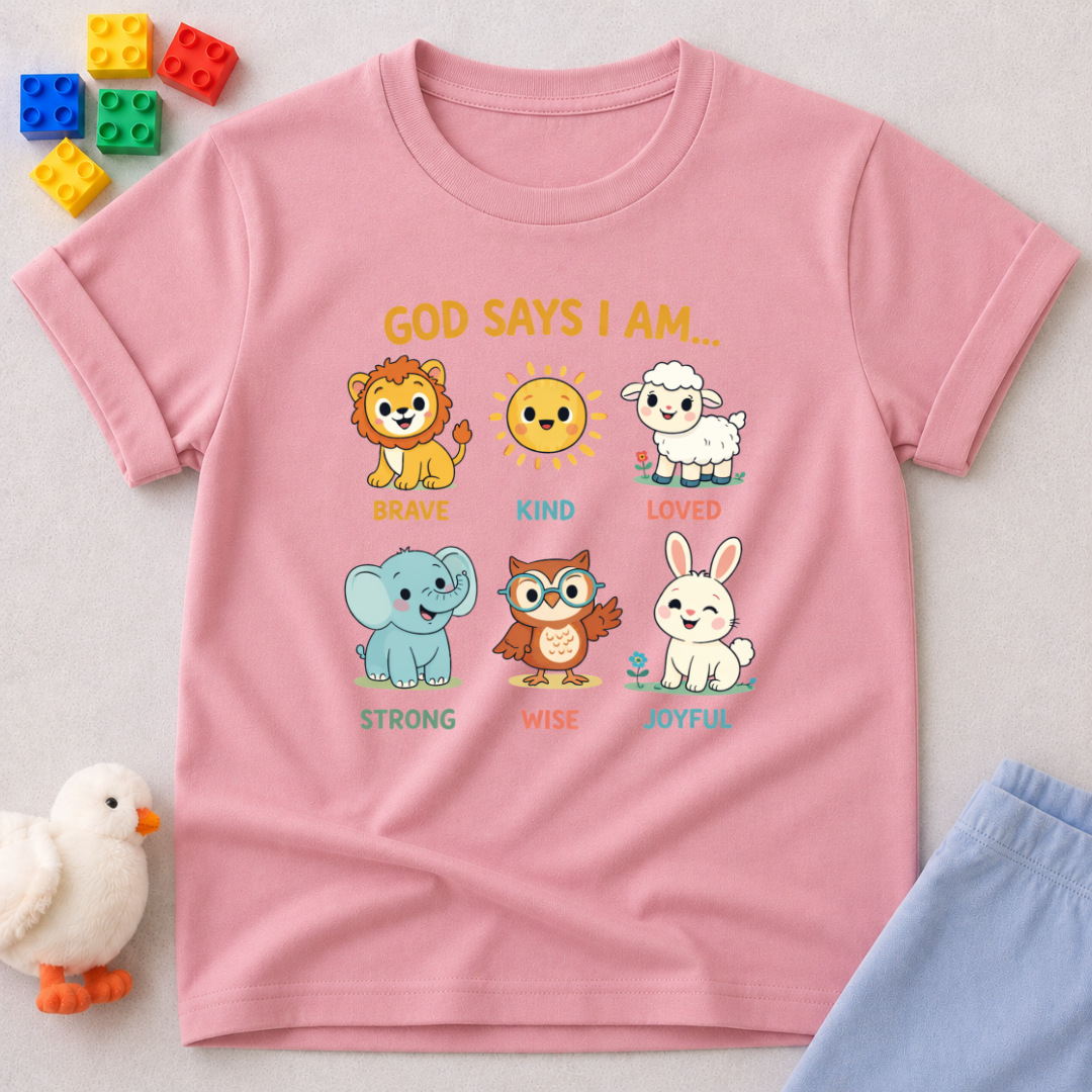 Created Kind Wise And Joyful Christian kids shirt in Pink featuring cute animals and faith-based character affirmations