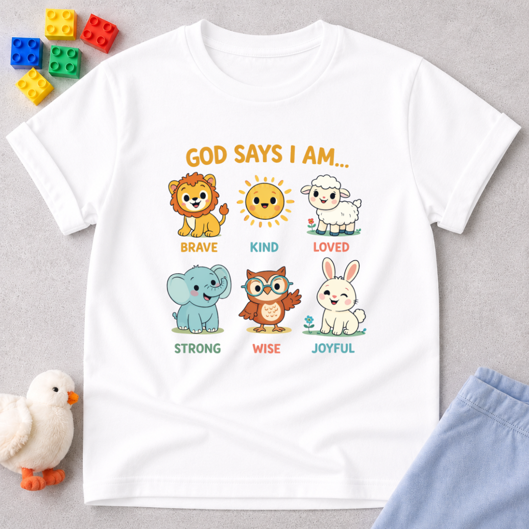 Created Kind Wise And Joyful Christian kids shirt in White featuring cute animals and faith-based character affirmations