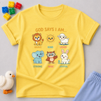 Created Kind Wise And Joyful Christian kids shirt in Yellow featuring cute animals and faith-based character affirmations