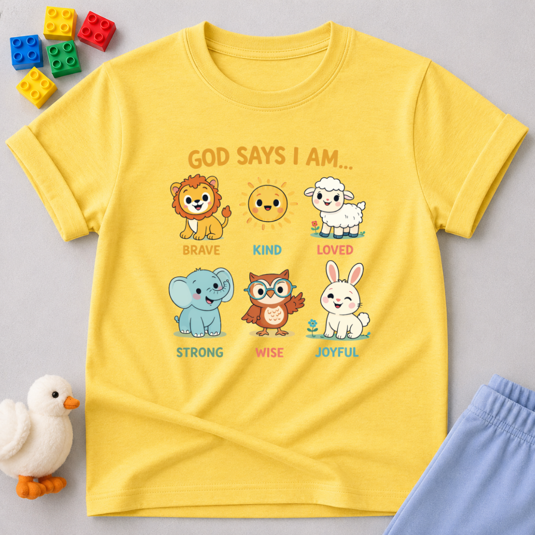 Created Kind Wise And Joyful Christian kids shirt in Yellow featuring cute animals and faith-based character affirmations