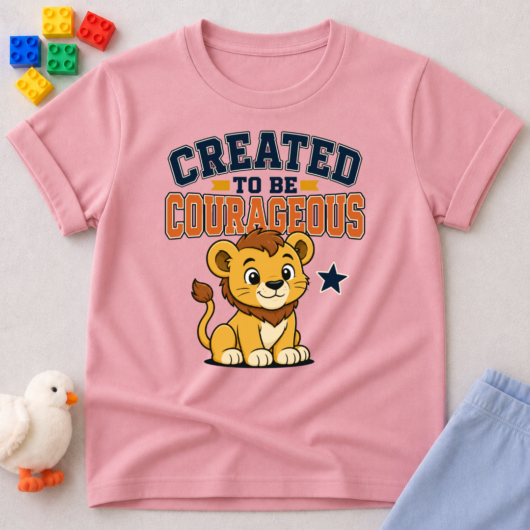 Created to Be Courageous Christian kids shirt in pink featuring a smiling lion cub and faith-inspired typography
