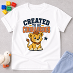 Created to Be Courageous Christian kids shirt in white featuring a smiling lion cub and faith-inspired typography
