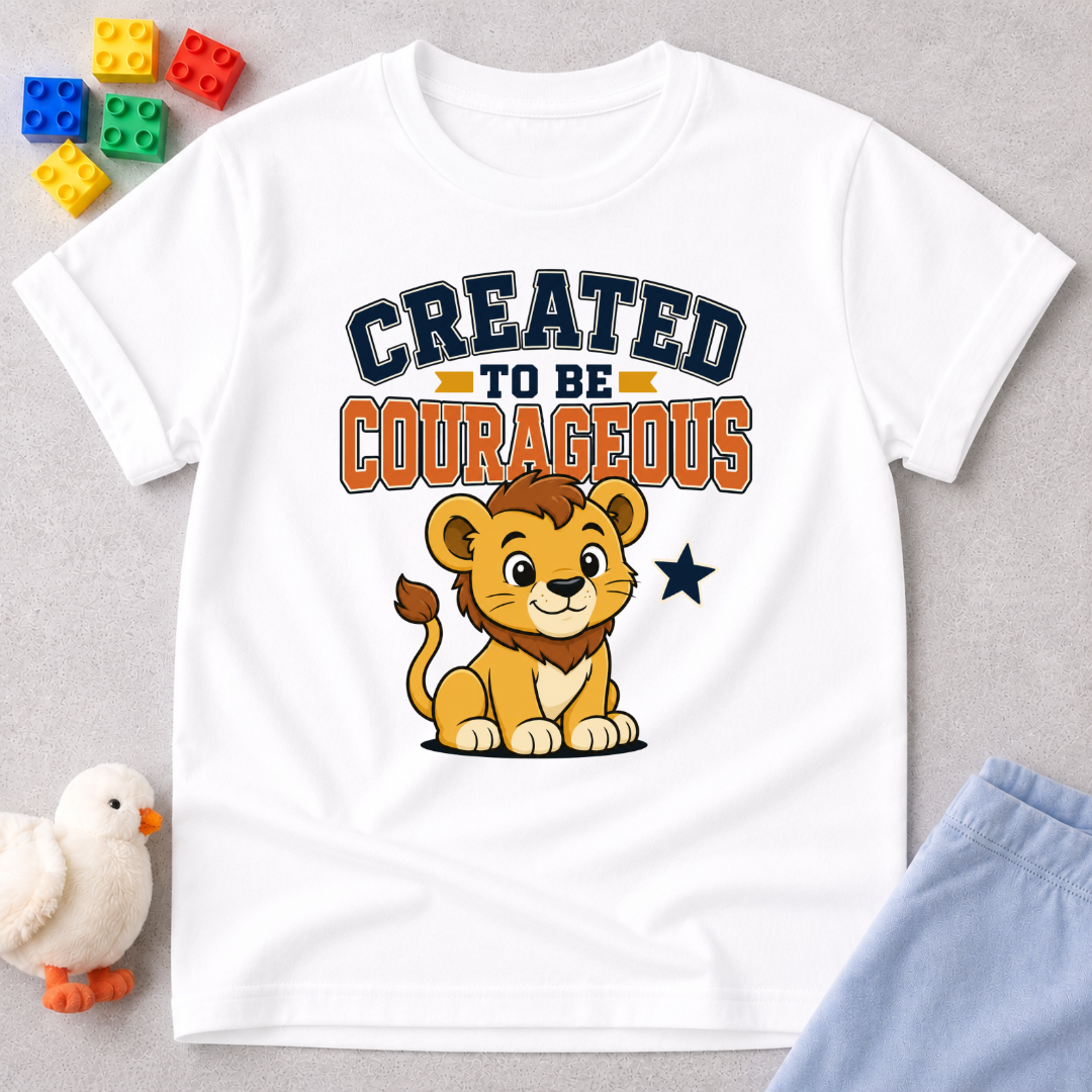 Created to Be Courageous Christian kids shirt in white featuring a smiling lion cub and faith-inspired typography
