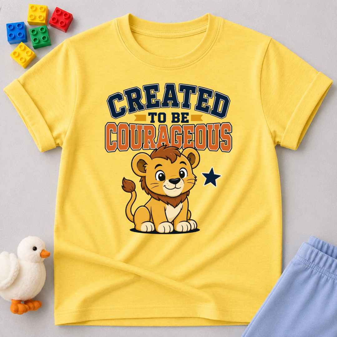 Created to Be Courageous Christian kids shirt in yellow featuring a smiling lion cub and faith-inspired typography
