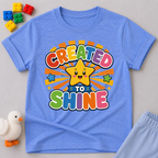 Created to Shine Bright Christian kids shirt in blue featuring a smiling sunshine and colorful lettering
