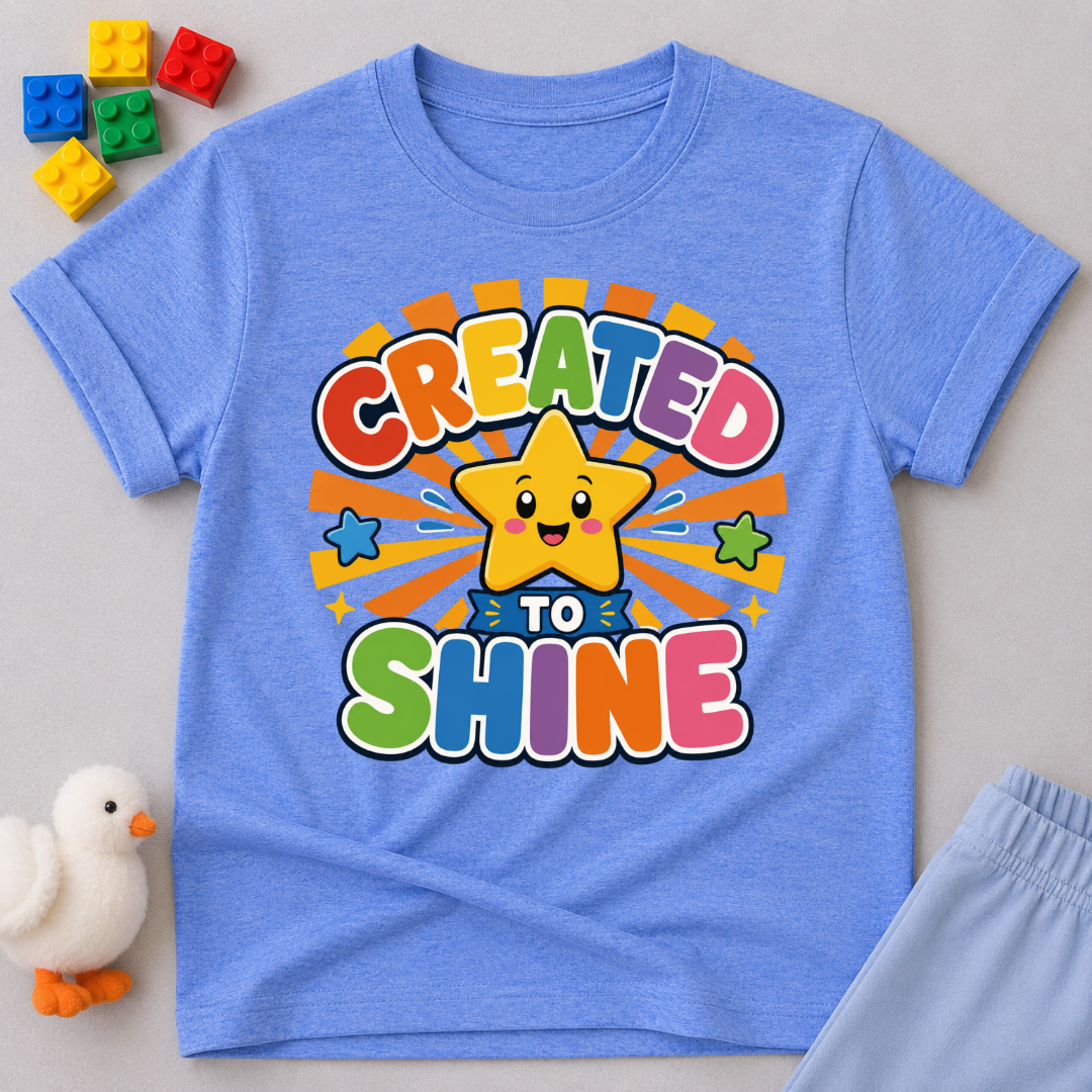 Created to Shine Bright Christian kids shirt in blue featuring a smiling sunshine and colorful lettering
