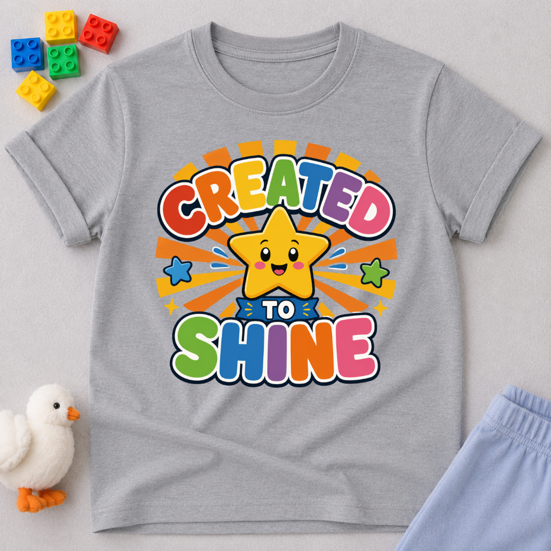 Created to Shine Bright Christian kids shirt in gray featuring a smiling sunshine and colorful lettering
