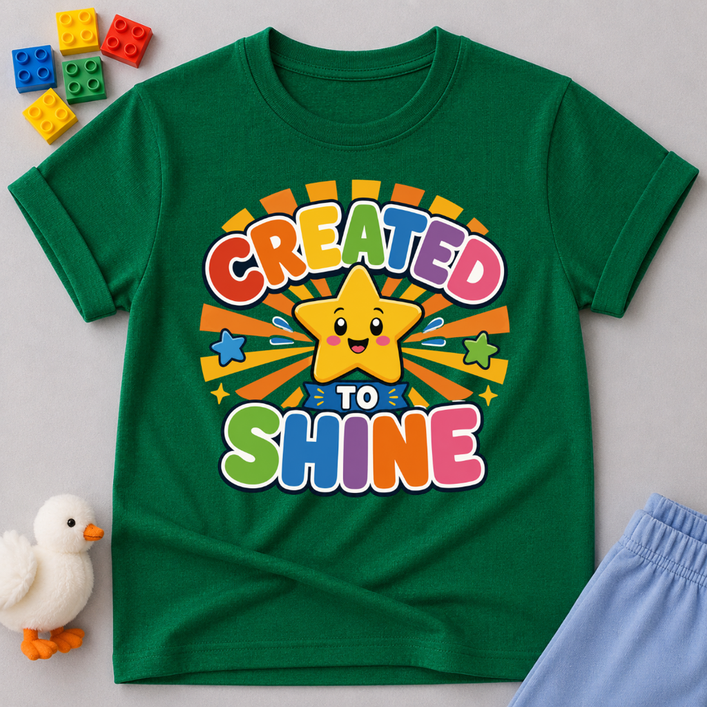 Created to Shine Bright Christian kids shirt in green featuring a smiling sunshine and colorful lettering
